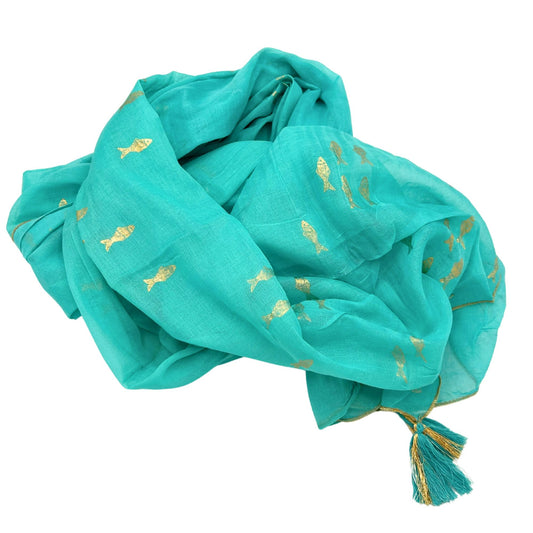 Collection Sari Nomad Méditerranéen - Sarong - Motif Poisson Turquoise et Or