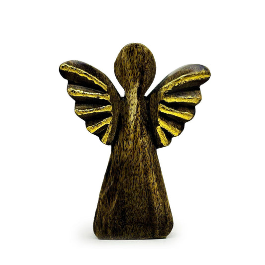 Grand ange en bois de manguier - Décoration dorée - 19 cm