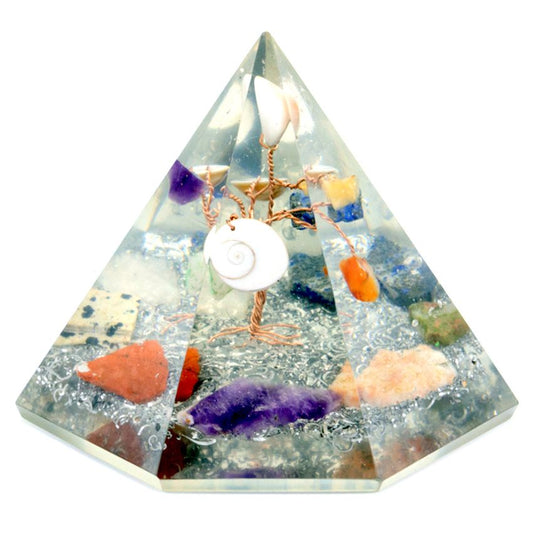 Pyramide à 7 faces en orgonite - Arbre de la sagesse en pierres précieuses - 90 mm