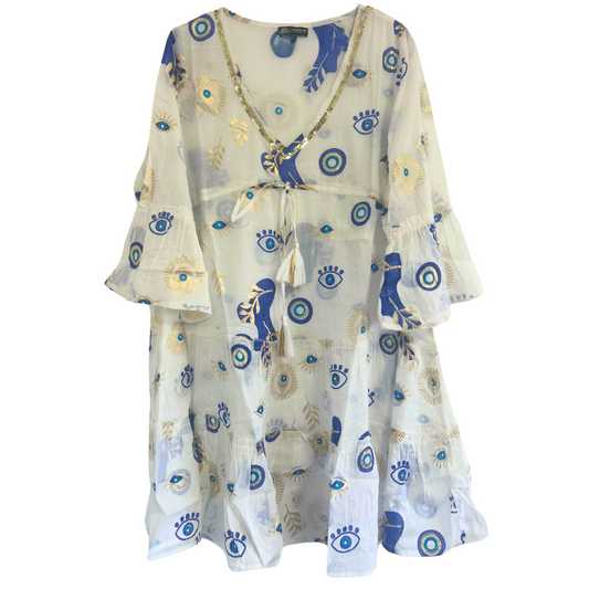 (ML) Collection Nomad Sari - Robe - Motif Mauvais Œil Blanc, Bleu et Or