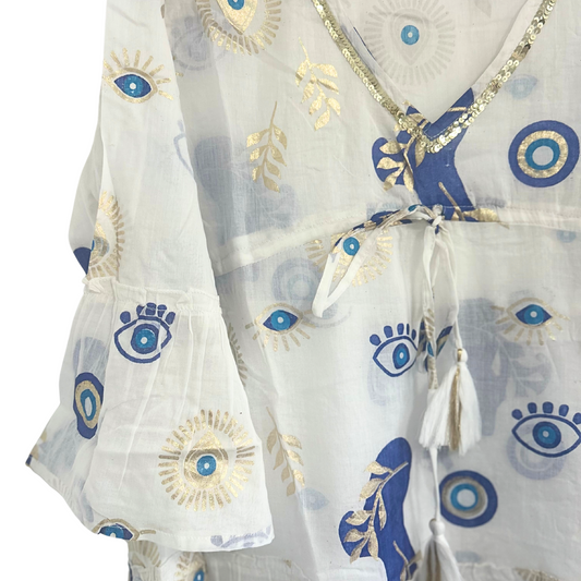 (ML) Collection Nomad Sari - Robe - Motif Mauvais Œil Blanc, Bleu et Or