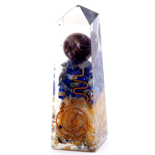 Obélisque d'orgonite en cuivre, lapis-lazuli et aventurine jaune - 90x25 mm