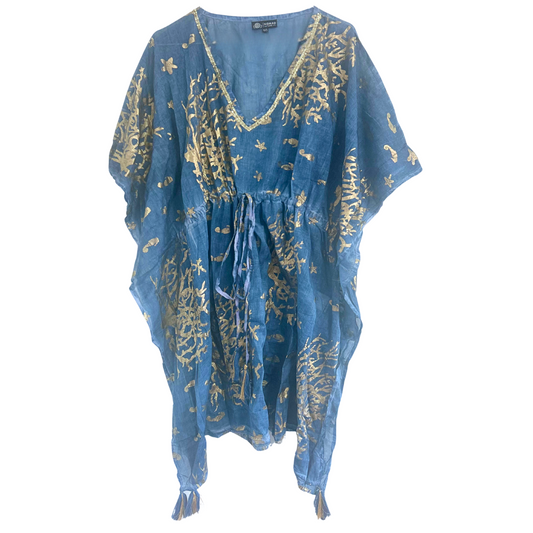 Sari méditerranéen de la collection Nomad - Kaftan - Motif corail bleu marine et or