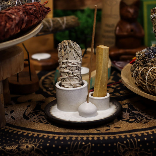 Varita de Palo Santo y Soporte para Smudge - Mandala - Blanco y Gris