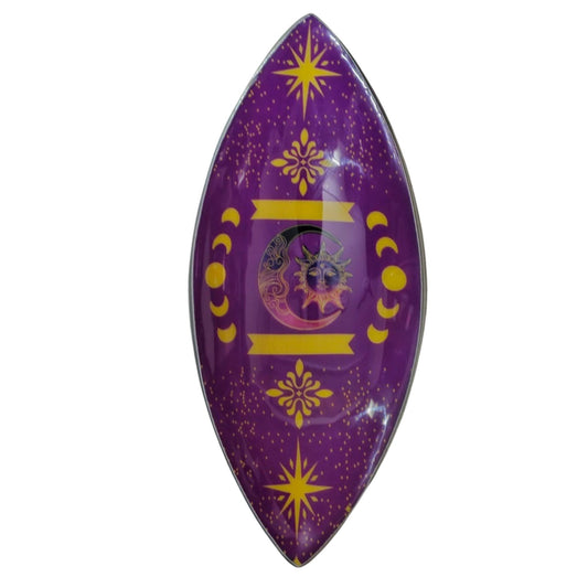 Porte-encens en aluminium émaillé avec phases du soleil et de la lune dans les tons violets.