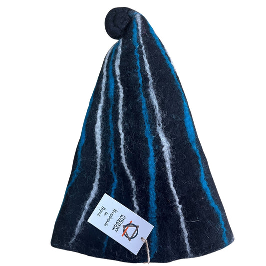 Chapeau de sorcier en feutre pour sauna - Rayures noires et bleues